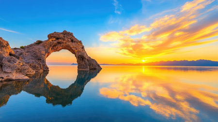 A stunning sunset scene featuring a natural rocky arch over calm waters, with vibrant reflections of orange and blue hues in serene lake surroundings.の素材