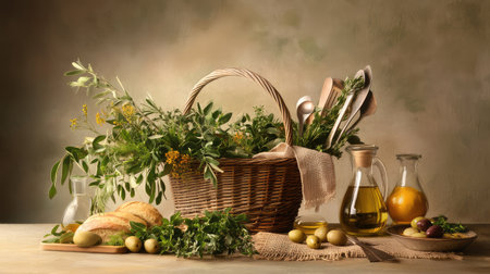 A beautifully arranged collection of fresh herbs and olive oil in a rustic basket, paired with loaves of bread on a wooden table, evoking a serene kitchen atmosphere.の素材