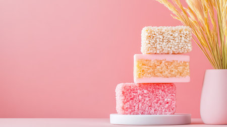 A charming arrangement of colorful sweets stacked on a plate, complemented by dried grasses, set against a soft pink backdrop for a delightful look.の素材