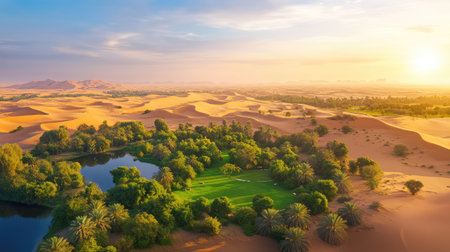This captivating aerial image showcases a vibrant oasis nestled within vast golden sand dunes, illuminated by the warm glow of sunset. Rich greenery contrasts beautifully with the arid landscape, creating a tranquil scene that highlights the natural wonders of desert environments.の素材