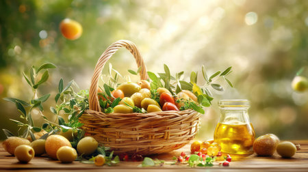A beautiful and vibrant display of freshly harvested olives in a rustic basket with olive oil. The setting, bathed in warm sunlight, evokes a sense of natural beauty and healthy living.の素材
