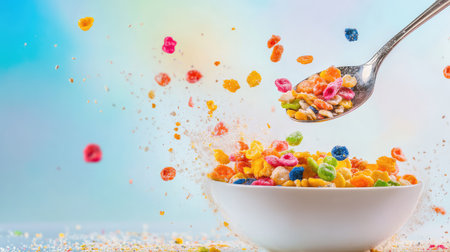 A vibrant scene depicting colorful cereal flakes flying from a spoon into a white bowl. The playful splashes and bright background create a joyful breakfast atmosphere, perfect for capturing the essence of morning energy and fun.の素材