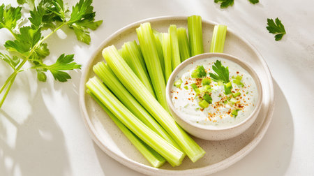 Bright and fresh celery sticks arranged with a creamy dip, garnished with green herbs, showcasing a healthy snack perfect for nutrition and wellness.の素材