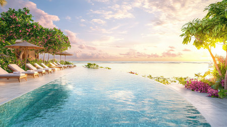 Experience tranquility at this stunning beach resort featuring an infinity pool, surrounded by lush greenery and vibrant flowers, as the sun sets over the horizon.の素材