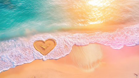 A beautiful aerial view of a heart shape created in golden sand, resting on a tranquil beach with gentle waves and a stunning sunrise.の素材