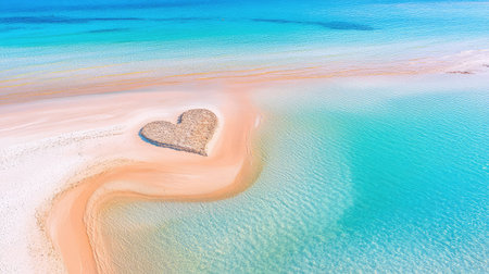 This stunning aerial image showcases a heart-shaped sand formation surrounded by serene, turquoise ocean waters. Perfect for love, nature, and travel themes.の素材
