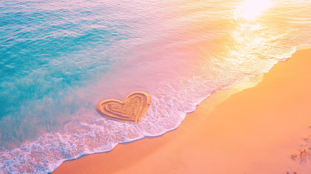 A stunning aerial view of a heart shape crafted in sand on a serene beach at sunrise, with gentle waves lapping at the shore. This enchanting scene captures the essence of romance and tranquility, perfect for lovers and joyful moments by the ocean.の素材