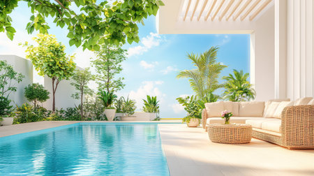 Experience a serene outdoor oasis featuring a sparkling pool surrounded by lush greenery and stylish patio furniture for perfect relaxation in sunlight.の素材