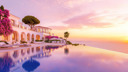This image captures a luxurious villa with an infinity pool reflecting the stunning sunset over the ocean, surrounded by lush gardens and palm trees.の素材