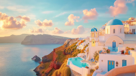 Experience the breathtaking beauty of Santorini at sunset, where whitewashed buildings and blue domes meet the shimmering Aegean Sea in a dreamy atmosphere.の素材