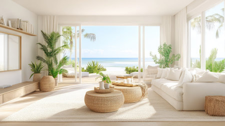 This bright and airy living room features stunning ocean views and warm natural light, adorned with tropical plants and cozy furniture, creating a serene and inviting atmosphere perfect for relaxation.の素材