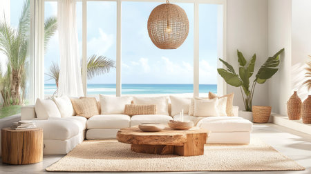This stylish living room features a cozy sofa facing large windows with a stunning ocean view, accented by natural decor elements and soothing colors.の素材