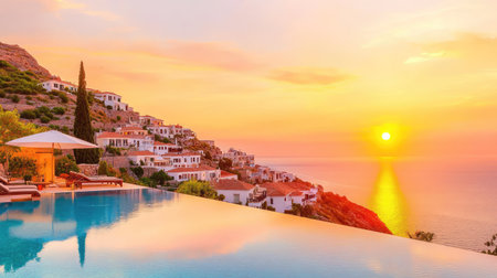 Experience a stunning sunrise at a luxurious coastal resort. This image captures an infinity pool overlooking the serene sea, highlighting vibrant colors in the sky.の素材