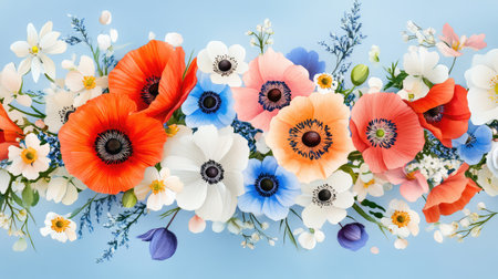 This stunning image showcases a vibrant arrangement of poppies and wildflowers, blending colors beautifully against a soft blue background, perfect for various design themes.の素材