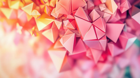 This image showcases an intricate arrangement of pink triangular shapes set against a softly illuminated background, creating an engaging abstract visual experience.の素材