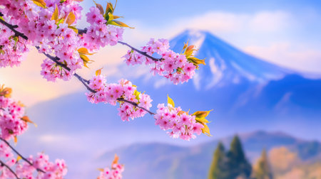 A stunning view featuring delicate cherry blossoms in focus against a majestic mountain backdrop. The scene captures the essence of serene spring mornings.の素材