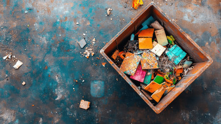 A wooden box filled with an assortment of colorful tiles rests on a rugged and grunge background. The image captures a vibrant collection, perfect for art and design projects.の素材