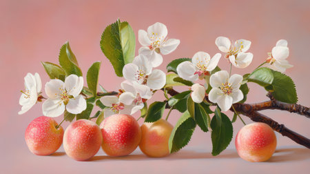Beautiful arrangement of apple blossoms and ripe apples against a soft pastel background, perfect for showcasing freshness and the beauty of nature.の素材