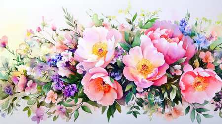 A stunning watercolor artwork featuring a vibrant arrangement of pink peonies and colorful wildflowers, perfect for adding elegance to any space.の素材