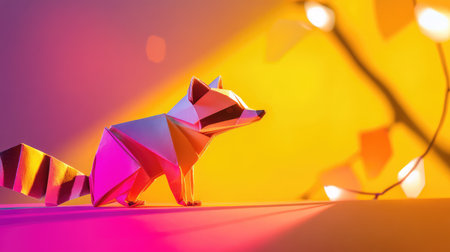 This vibrant origami fox stands beautifully against a colorful background, showcasing the art of paper folding. Its unique design captures creativity and imagination, perfect for artistic and craft projects.の素材