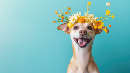 A joyful dog adorned with a flower crown radiates happiness against a vibrant blue background, capturing the whimsical essence of playful moments.の素材
