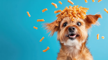 A charming and humorous image of a playful dog with rotini pasta on its head, surrounded by flying noodles against a vibrant blue background, capturing joy and silliness.の素材