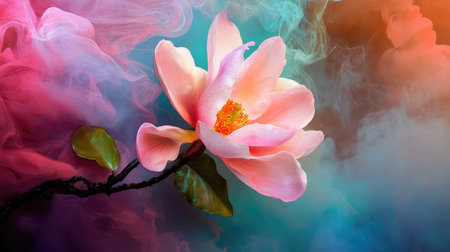 A stunning pink flower blossom stands gracefully amidst a swirl of colorful smoke, showcasing nature's beauty and elegance in a captivating artistic display.の素材