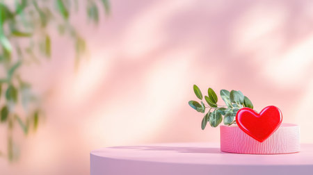 This image features a vibrant red heart decoration placed on a round stand, accompanied by delicate greenery. The soft pink background creates a warm, romantic atmosphere, perfect for love-themed projects or celebrations.の素材