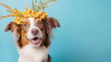 Adorable dog wearing a flower crown smiles brightly against a vibrant blue background, showcasing a joyful personality and the beauty of companionship.の素材