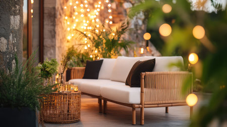 A serene outdoor lounge area featuring stylish rattan furniture adorned with soft cushions, illuminated by warm twinkling lights, perfect for relaxation.の素材