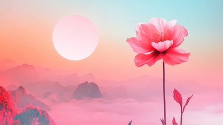 Captivating landscape featuring a vibrant pink flower against a dreamy sunset backdrop, surrounded by misty mountains that evoke tranquility and beauty.の素材