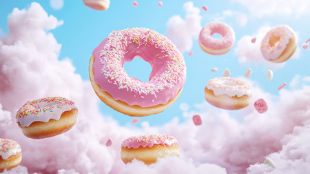A whimsical scene featuring pink doughnuts floating in a bright blue sky filled with soft, fluffy clouds, creating a surreal and dreamy atmosphere.の素材