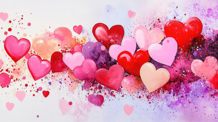 A vibrant array of hearts in shades of pink and red, splashed across a soft background. Perfect for romantic themes, designs, and decorations celebrating love.の素材