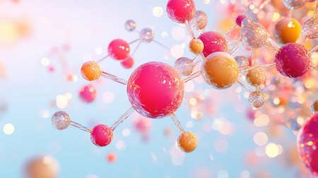 A vibrant and colorful abstract visualization of molecules, featuring dynamic spheres and bubbles, highlighting the beauty of scientific exploration and innovation.の素材