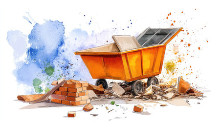 An artistic illustration of a bright orange wheelbarrow filled with construction debris, set against a backdrop of colorful paint splashes, creating a vibrant scene.の素材
