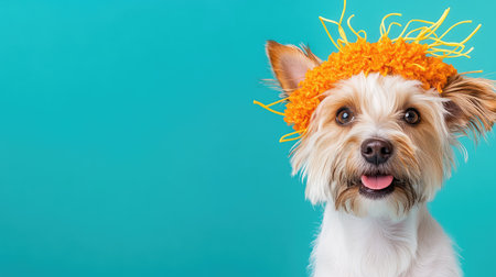 This charming photo features a playful dog sporting a bright orange headband, set against a vibrant blue backdrop. Perfect for pet lovers!の素材