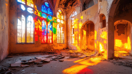 A stunning view of an abandoned building showcasing colorful stained glass reflections on a decaying interior. The interplay of light creates a magical atmosphere.の素材