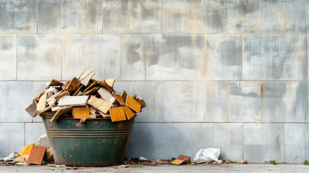 A close view of a metal bin filled with wooden debris set against a weathered gray wall in an urban environment, reflecting neglect and waste.の素材