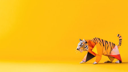 This exceptional origami tiger figure stands out against a vibrant yellow background, highlighting the intricate craftsmanship and creativity of paper art.の素材