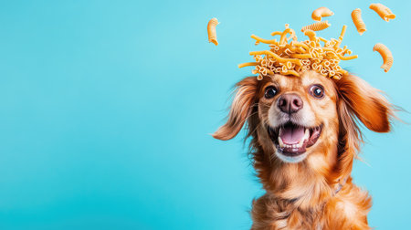 A cheerful dog wearing pasta on its head brings a playful and humorous vibe against a bright turquoise background, showcasing joy and fun.の素材