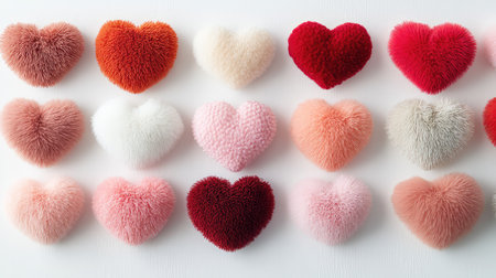 A charming arrangement of various soft plush hearts in multiple colors and textures, perfect for decorating spaces or showcasing love and affection during celebrations.の素材