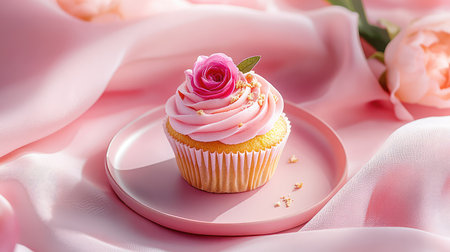 A charming pink rose cupcake elegantly placed on a soft pink fabric, perfect for capturing the essence of celebration and sweetness in any event.の素材