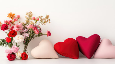 A charming display featuring heart-shaped cushions in vibrant colors alongside a beautiful floral arrangement, ideal for home decor and romantic settings.の素材