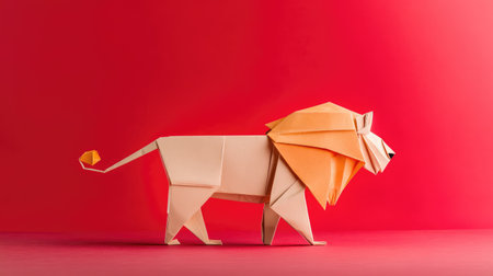 This unique origami lion model showcases intricate paper folding techniques, featuring a vibrant orange mane and a striking red background, perfect for art enthusiasts.の素材