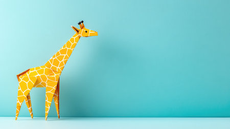 A vibrant origami giraffe crafted from colorful paper stands against a solid blue background, perfect for educational purposes or playful decor.の素材