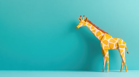 A vibrant paper giraffe model stands proudly against a mint-colored background, ideal for creative projects, educational materials, or children's art themes.の素材