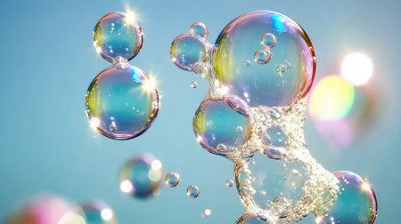 Captivating image of colorful soap bubbles floating in a clear blue sky, adorned with sparkling reflections and vibrant light effects, evoking a sense of joy.の素材