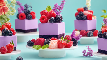 This vibrant image showcases delightful purple cakes adorned with fresh berries and flowers, creating an eye-catching dessert display perfect for celebrations.の素材