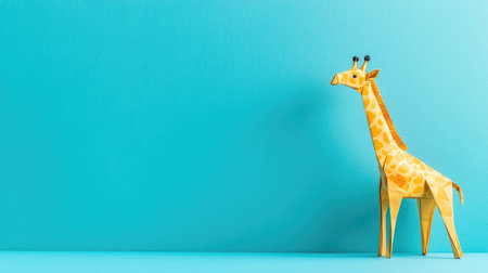 This charming origami giraffe stands proudly against a bright blue background, showcasing creativity and craftsmanship. Ideal for various projects.の素材