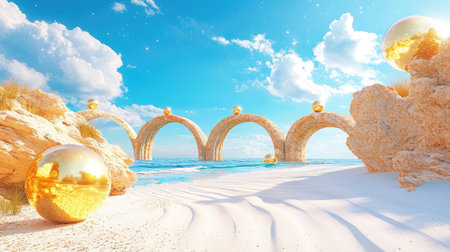 A dreamy beach landscape featuring golden arches and spheres, casting reflections on the tranquil water under a bright blue sky with fluffy clouds.の素材